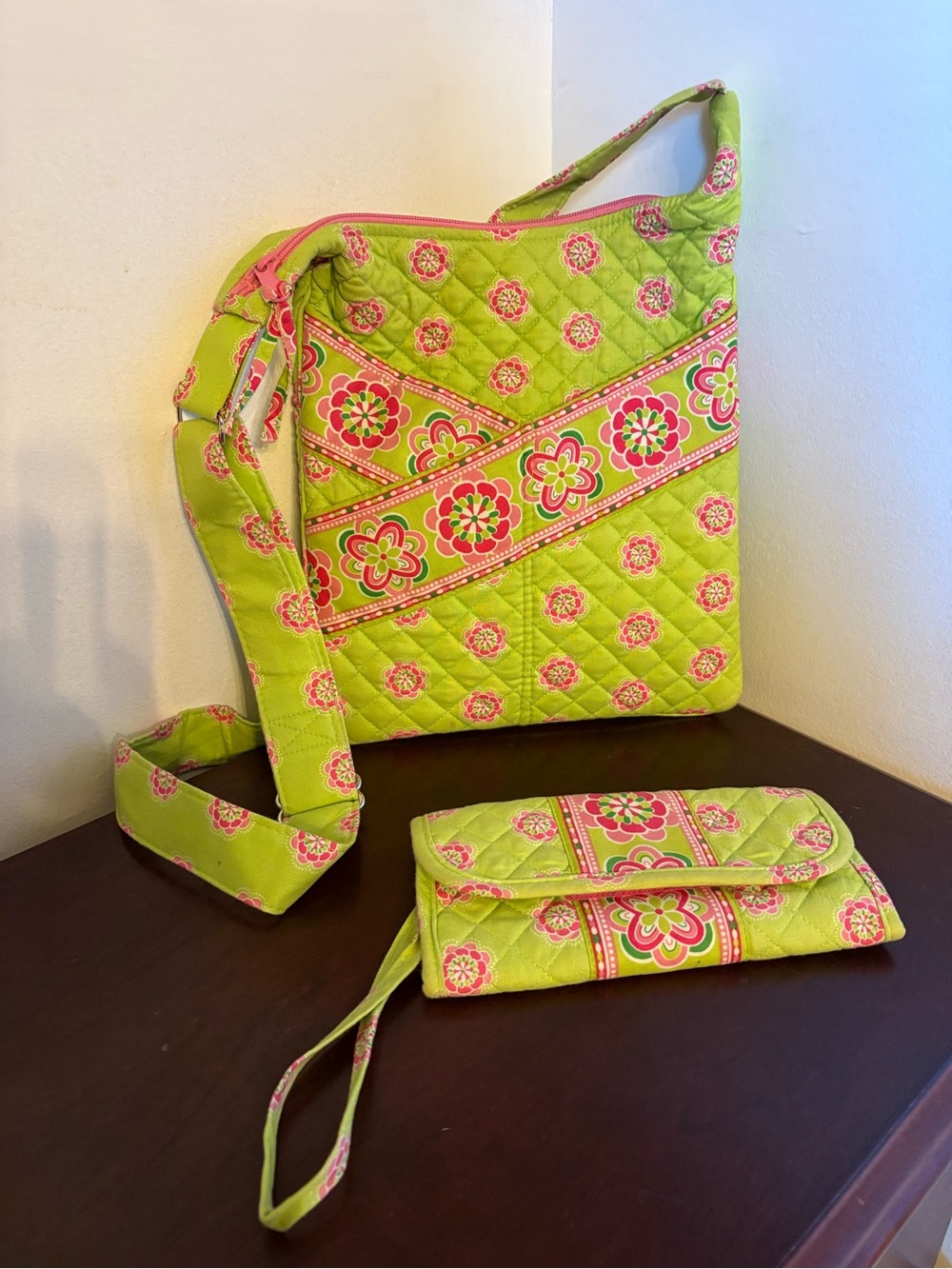 Stephanie Dawn Quilted Lime Floral Crossbody Bag and Wristlet Set